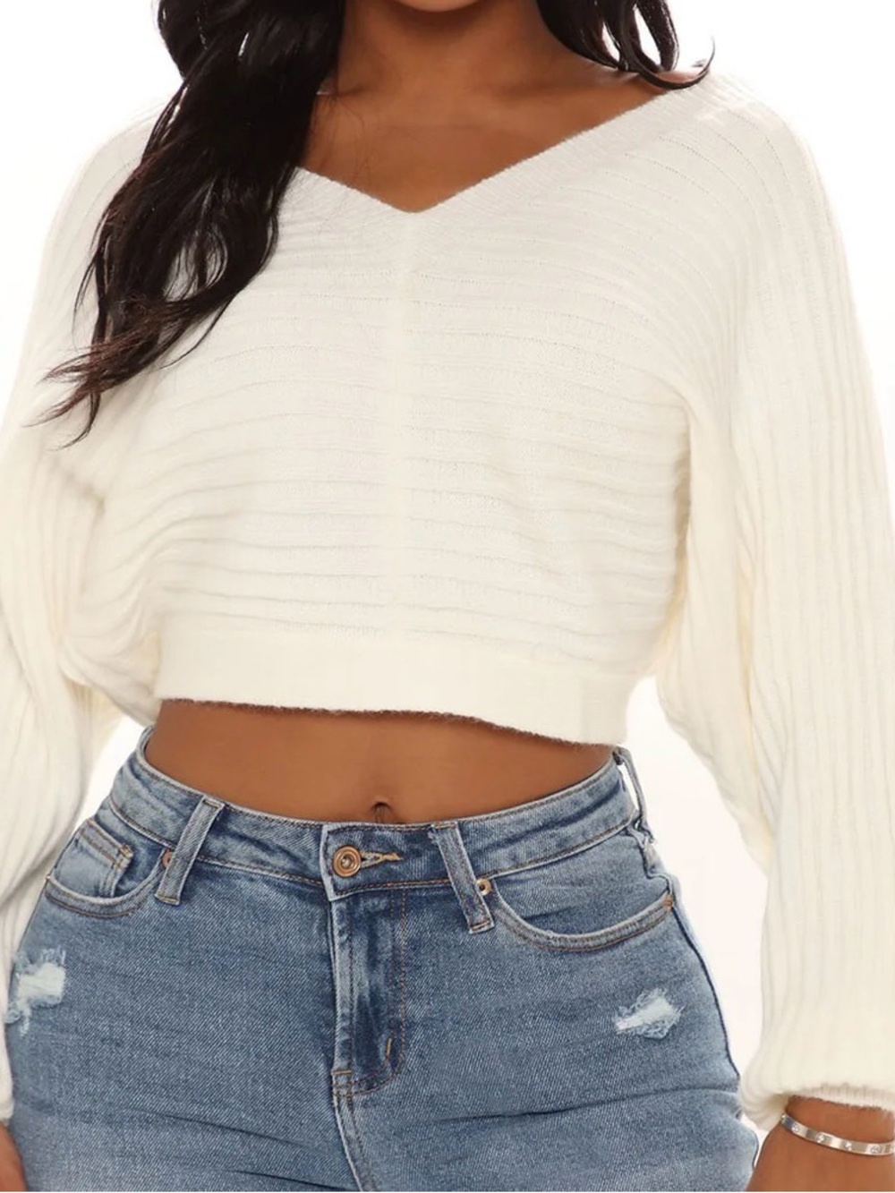 Cropped V-Neck Women's Sweater in Ivory